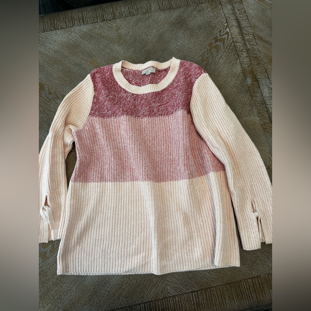 Loft Pink Color Block Pullover Sweater Large Long Sleeve Tie On Sleeve RoundNeck